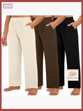 Plus Size Wide Leg Pajama Pants with Pockets High Waisted Yoga Sweatpants 3-Pack